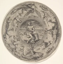 Arion auf einem Delphin umgeben von einem mit Meereskreaturen verzierten Rand, aus einem Set von..., 1580-1600
