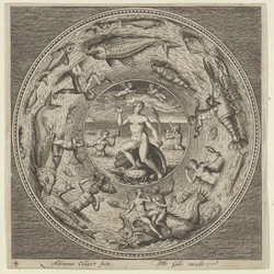 Entwurf für einen Teller mit Galatea auf einer Muschel flankiert von Trompetern in einem Medaillonrand, ca. 1600