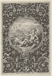 Neptun in einem dekorativen Rahmen mit Grotesken, aus dem Urteil des Paris, ca. 1580-1600