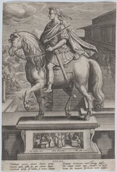 Platte 7: Reiterstatue von Galba, im Profil nach links, mit einer Enthauptungsszene..., ca. 1587-89