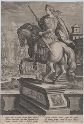 Platte 8: Reiterstatue von Otho, von hinten gesehen, seine Todesszene im Hintergrund, ca. 1587-89