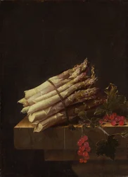 Stillleben mit Spargel und roten Johannisbeeren