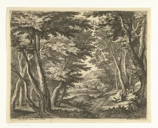 Landschaft mit drei Männern an einer Lichtung im Wald