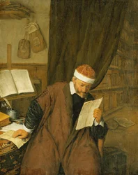 Ein Anwalt, der an einem Schreibtisch sitzt und einen Brief liest, eine Bibliothek dahinter, 1668
