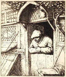 Mann, der sich an seine Tür lehnt, ca. 1672
