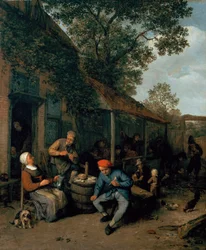 Bauern rauchen und feiern vor einer Taverne, 1676