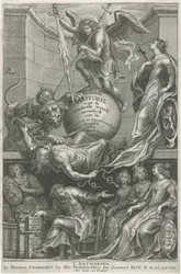 Allegorische Titelseite mit dem niedergeschlagenen Neid
Titelseite für: C. Hazart, Kirchengeschichte, 1669