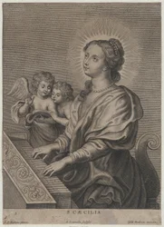 Die heilige Cäcilia spielt Orgel, mit zwei Putten links, ca. 1654-77.