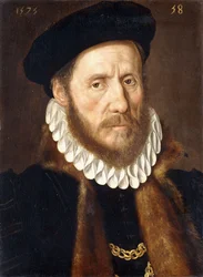 Porträt eines bärtigen Herrn, Brustlänge, mit Goldketten unter einem Pelzbesetzten Mantel, 1575