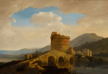 Landschaft bei Rom, mit dem Grab der Plautii am Fluss Aniene