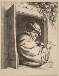 Bauer am Fenster mit Pfeife und Krug