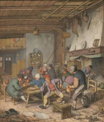 Raum in einem Gasthaus mit Bauern, die trinken, rauchen und Backgammon spielen, 1678