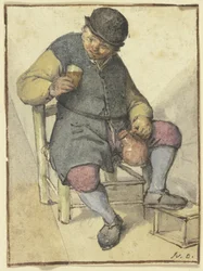 Sitzender Bauer von vorn, mit Krug und Glas