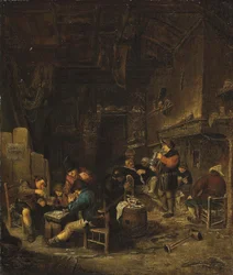 Taverneninterieur mit Bauern, die Karten spielen, rauchen und trinken