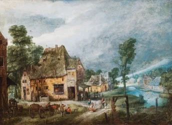 Ein Dorf neben einem Fluss mit Figuren