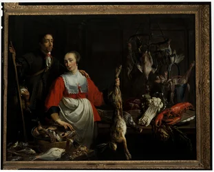 Ein Wildhüter mit einer Punt Gun und eine Dienstmagd, die einen toten Hasen in einer Speisekammer hochhält