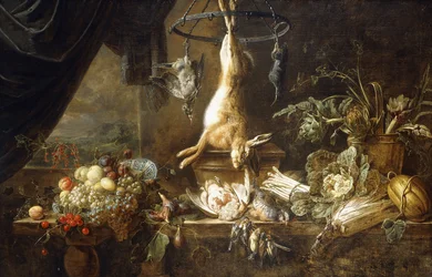 Ein Hase und eine Schnepfe, die an einem Spielring hängen, Obst in einer Wanli-Kraak-Porzellanschale, Feigen, tote Rebhühner und Finken, Spargel, Kohl, Fenchel und Artischocken in einem Kupfertopf auf einem Sims neben einem drapierten Fenster, 1650