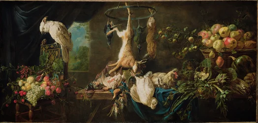 Stillleben: Wild, Gemüse, Obst, Kakadu