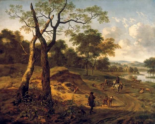 Bewaldete Abendlandschaft mit einem Jäger und Hunden