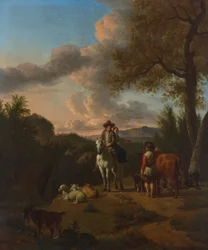 Italienische Landschaft mit einem Mann und einer Frau auf einem weißen Pferd, die einen Hirten nach dem Weg fragen