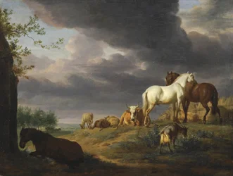 Landschaft mit Pferden und anderem Vieh