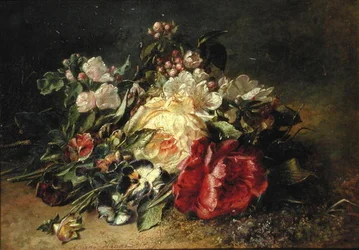 Stillleben mit Rosen und Stiefmütterchen