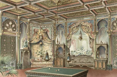 Ein maurisches Billardzimmer, Illustration aus „La Décoration Intérieure“, veröffentlicht um 1893-94