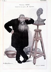 Karikatur des Bildhauers Auguste Rodin in seinem Atelier in „Fantasio“