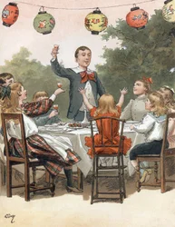 Ein Junge hält eine Rede, Kinder stoßen an, Illustration von Adrien Marie im Buch Tout a la joie von Zari, Emile Guerin Veröffentlichung 1890