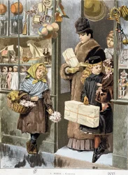 Armes Mädchen verkauft kleine Sträuße am Ausgang eines Spielzeugladens, wo reiche Leute herauskommen (Weihnachtseinkäufe?) - Zeichnung von Adrien Marie