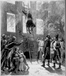 Theateraufführung: „Dreiundneunzig“ von Paul Meurice (1818-1905) nach Victor Hugo (1802-1885). Das Feuer der Tourgue (10. Gemälde): der Marquis de Lantenac, nachdem er das Leben der Kinder der Flecharde gerettet hat, gibt sich hin