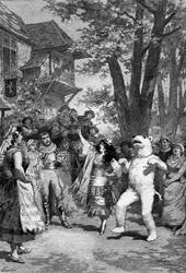 Theateraufführung: "Der Weihnachtsbaum" von Eugene Letterier (1843-1884), Albert Vanloo (1846-1920) und Arnold Mortier (1843-1885). Gemälde des Bärenkämpfers mit Zulma Bouffar (Madeleine Boufflar)