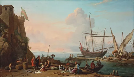 Ein Mittelmeerhafen mit Arbeitern, die ihre Schiffe entladen, Figuren im Vordergrund verkaufen Fisch vor einer Festung