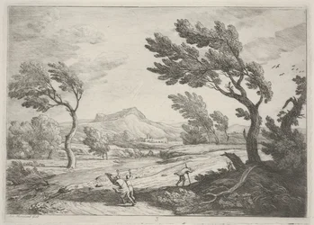 Landschaft mit Reisenden bei starkem Wind, ca. 1753