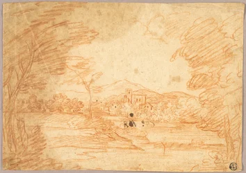Flusslandschaft mit Gebäuden