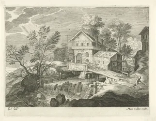 Gasthaus und einige Häuser bei einer Brücke
