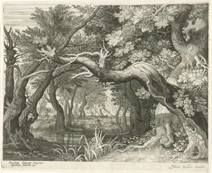 Hirschjagd bei einem Waldsee (Serie: Sechs Landschaften)