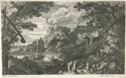 Flusslandschaft mit Fischern und Arbeitern (Acht Landschaften in Böhmen)
