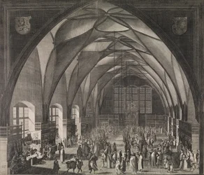 Innenansicht der Wladislaw-Halle auf der Prager Burg während der jährlichen Messe, 1607