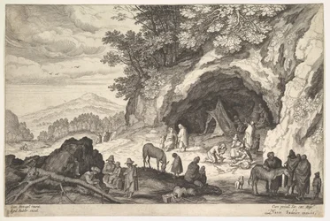 Gebirgige Landschaft mit einer Gruppe von Zigeunern, 1586-1629