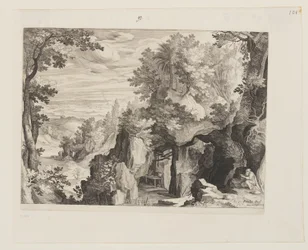 Gebirgige Landschaft mit einem Einsiedler