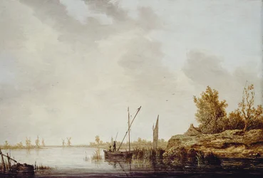 Eine Flusslandschaft mit fernen Windmühlen, ca. 1640-42