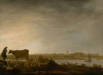 Ansicht von Vianen mit einem Hirten und Vieh an einem Fluss, ca. 1643-45