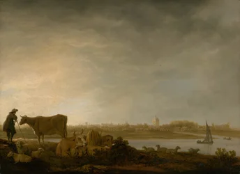 Ansicht von Vianen mit einem Hirten und Vieh an einem Fluss, ca. 1643-45