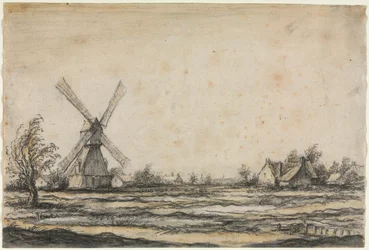Landschaft mit einer Windmühle in der Nähe eines Bauernhofs