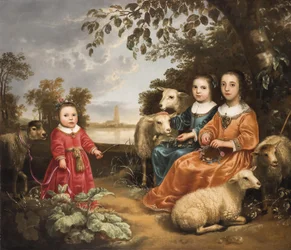 Drei Mädchen mit Schafen in einer Landschaft