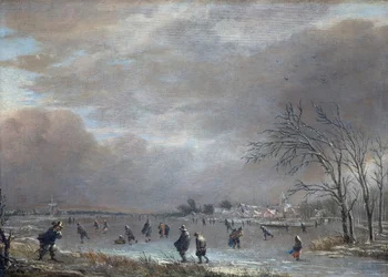 Winterlandschaft mit Schlittschuhläufern auf einem zugefrorenen Fluss