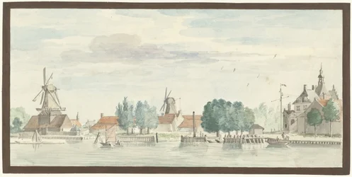 Ansicht von Dordrecht mit dem Rietdijkstor und Windmühlen