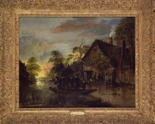 Eine Flusslandschaft mit Bauern, die einen Stier überqueren, Bauern bei einem Cottage dahinter