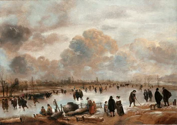 Eine Winterlandschaft mit Schlittschuhläufern und Stadtbewohnern auf einem zugefrorenen Wasserweg